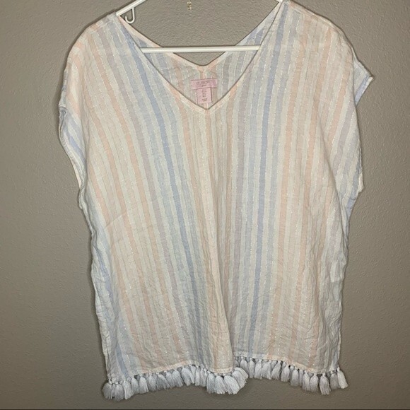 St. Tropez West linen pastel striped top fringe pom pom trim women’s size large - Picture 1 of 5